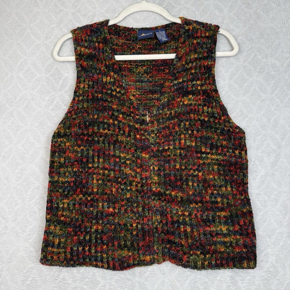 Vtg 90s LizSport Chenille Vest Womens Small Colorful Knit Grandmacore Maximalist
